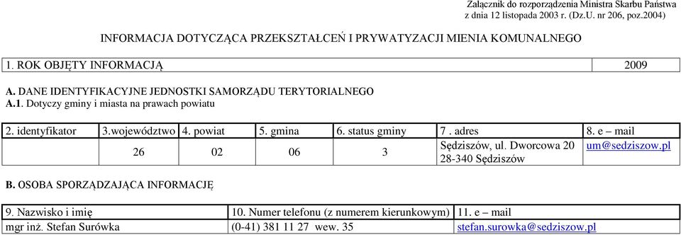 DANE IDENTYFIKACYJNE JEDNOSTKI SAMORZĄDU TERYTORIALNEGO A.1. Dotyczy gminy i miasta na prawach powiatu 2. identyfikator 3.województwo 4. powiat 5. gmina 6.