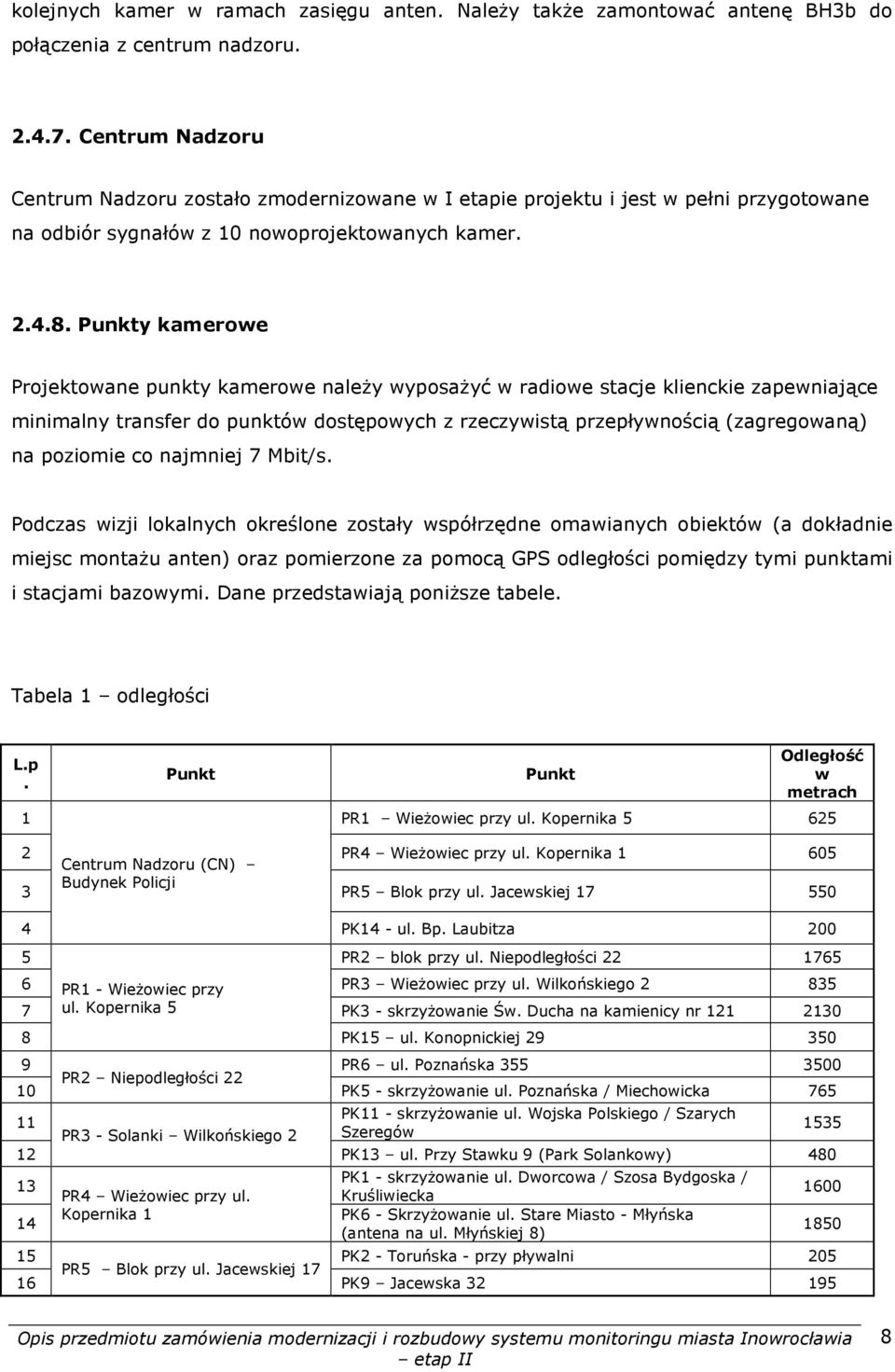 Punkty kamerowe Projektowane punkty kamerowe należy wyposażyć w radiowe stacje klienckie zapewniające minimalny transfer do punktów dostępowych z rzeczywistą przepływnością (zagregowaną) na poziomie