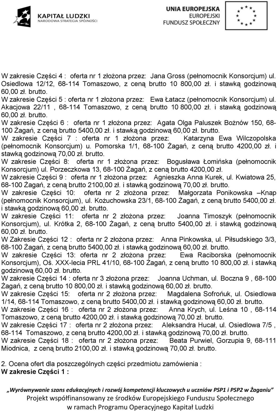 i stawką godzinową W zakresie Części 6 : oferta nr 1 złożona przez: Agata Olga Paluszek Bożnów 150, 68-100 Żagań, z ceną brutto 5400,00 zł.