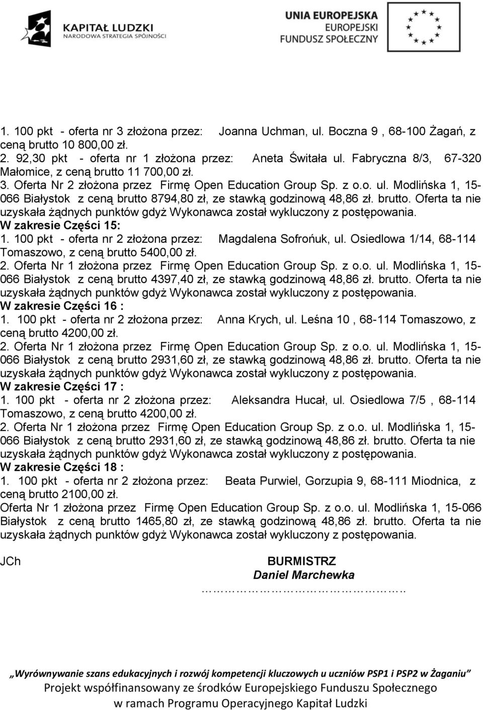 100 pkt - oferta nr 2 złożona przez: Magdalena Sofrońuk, ul. Osiedlowa 1/14, 68-114 Tomaszowo, z ceną brutto 5400,00 zł. W zakresie Części 16 : 1. 100 pkt - oferta nr 2 złożona przez: Anna Krych, ul.