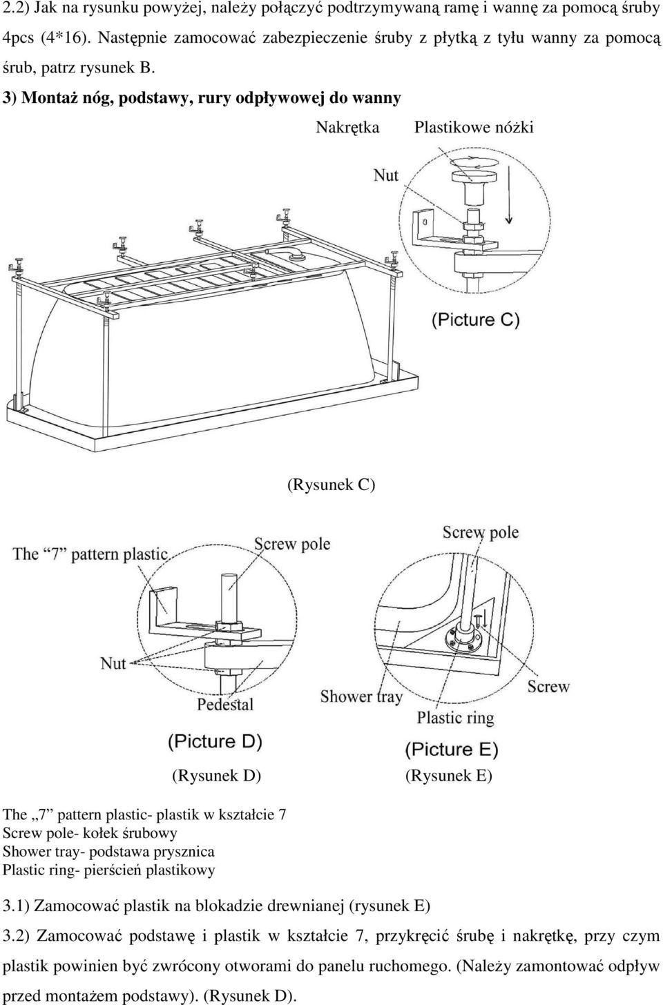 3) MontaŜ nóg, podstawy, rury odpływowej do wanny Nakrętka Plastikowe nóŝki (Rysunek C) The 7 pattern plastic- plastik w kształcie 7 Screw pole- kołek śrubowy Shower tray-