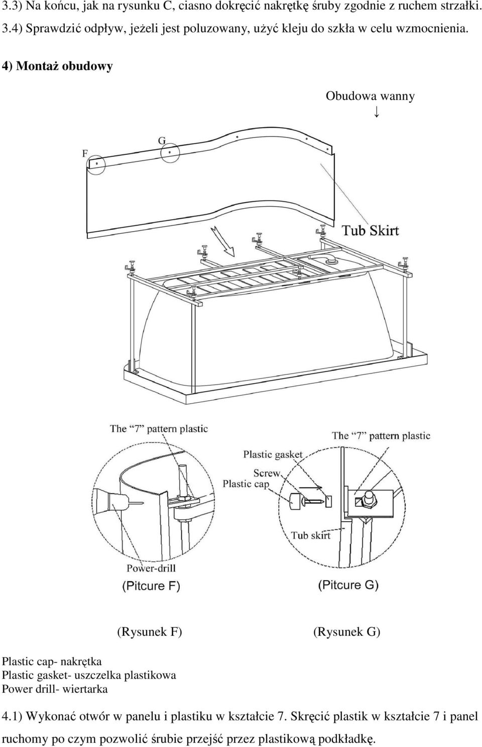 4) MontaŜ obudowy Obudowa wanny Plastic cap- nakrętka Plastic gasket- uszczelka plastikowa Power drill- wiertarka