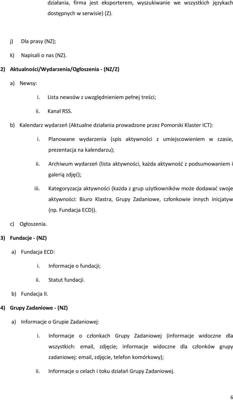 Planowane wydarzenia (spis aktywności z umiejscowieniem w czasie, prezentacja na kalendarzu); ii. iii.