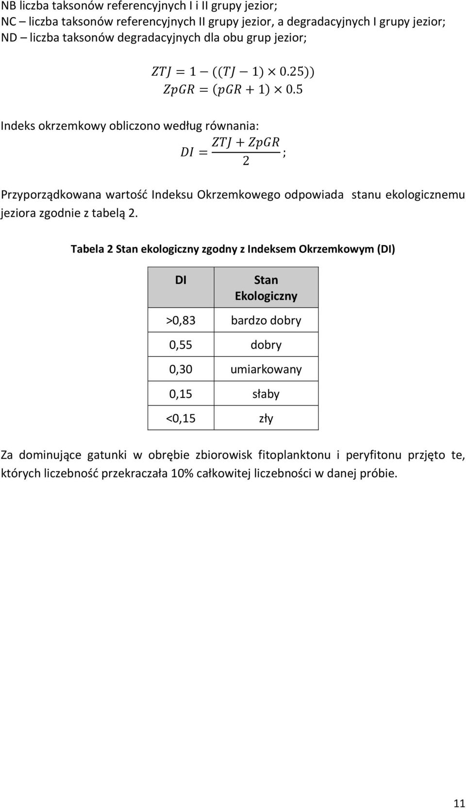 5 Indeks okrzemkowy obliczono według równania: ; 2 Przyporządkowana wartość Indeksu Okrzemkowego odpowiada stanu ekologicznemu jeziora zgodnie z tabelą 2.