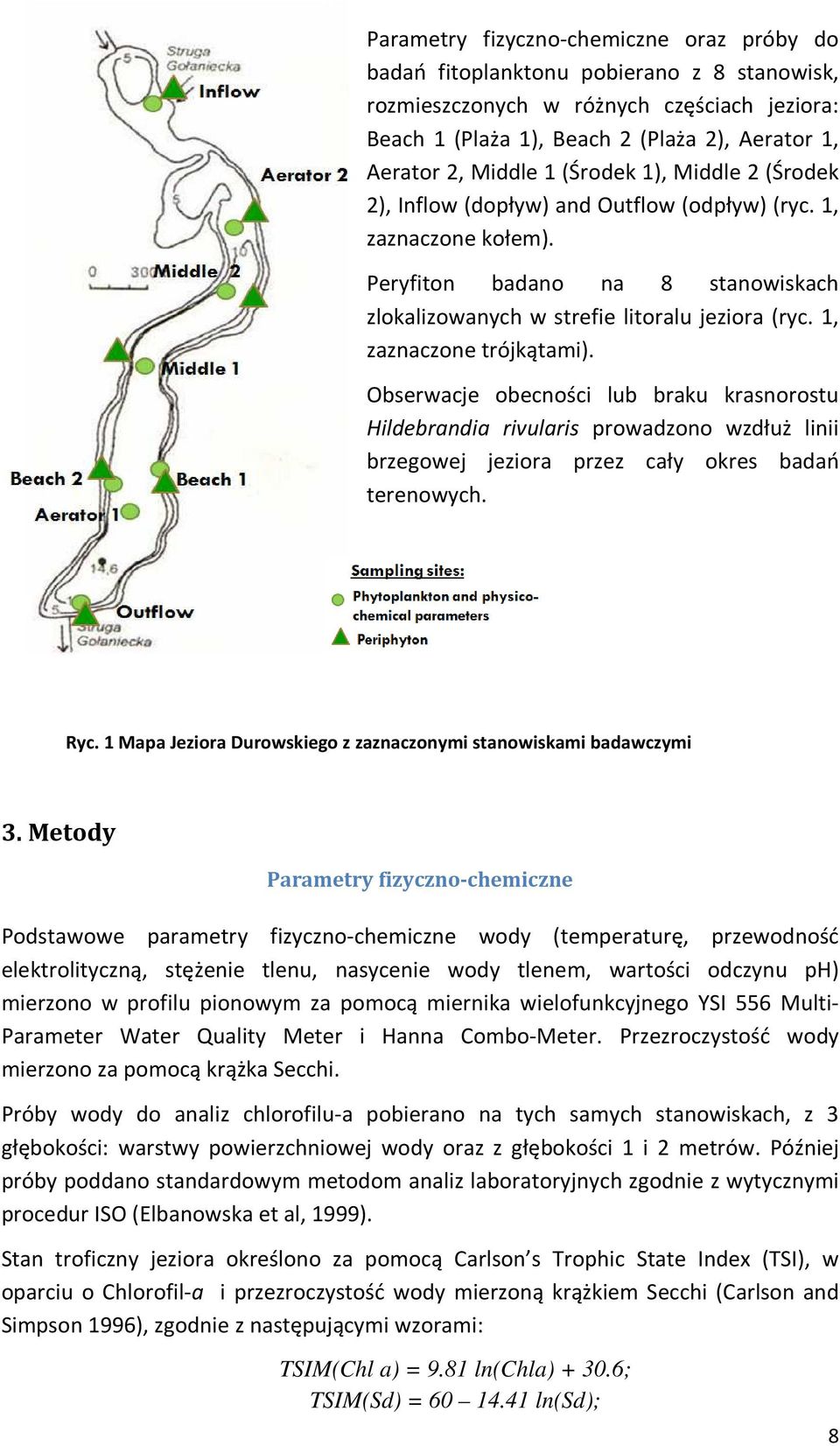 1, zaznaczone trójkątami). Obserwacje obecności lub braku krasnorostu Hildebrandia rivularis prowadzono wzdłuż linii brzegowej jeziora przez cały okres badań terenowych. Ryc.
