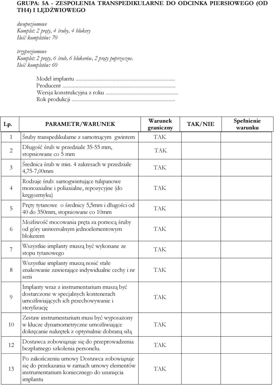 zakresach w przedziale,-,00mm Rodzaje śrub: samogwintujące tulipanowe monoaxialne i poliaxialne, repozycyjne (do kręgozmyku) Pręty tytanowe o średnicy,mm i długości od 0 do 0mm, stopniowane co 0mm