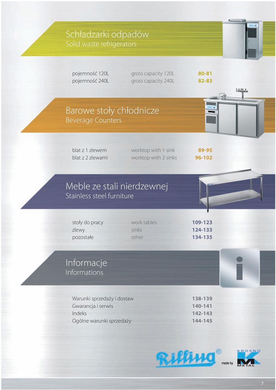 Meble ze stali nierdzewnej Stainless steel furniture stoły do pracy zlewy pozostałe work tables sinks other 109-123 124-133