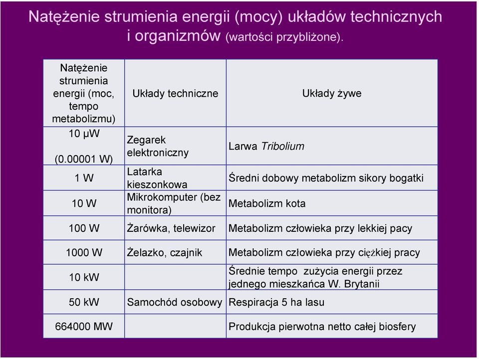 Średni dobowy metabolizm sikory bogatki Metabolizm kota Metabolizm człowieka przy lekkiej pacy 1000 W Żelazko, czajnik Metabolizm człowieka przy ciężkiej pracy