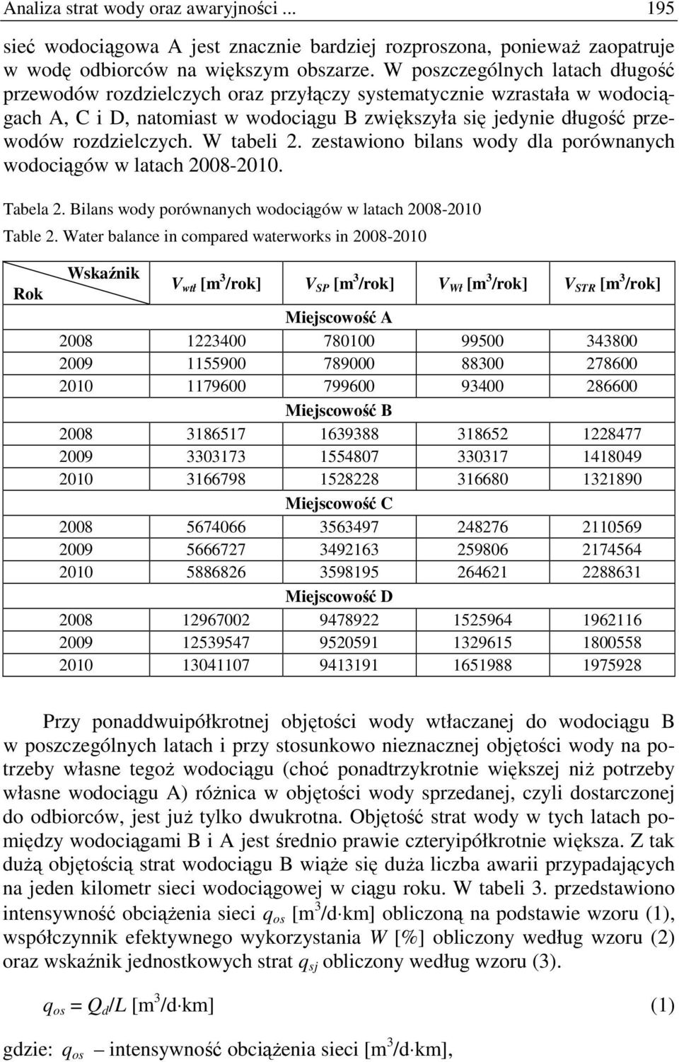 W tabeli 2. zestawiono bilans wody dla porównanych wodociągów w latach 2008-2010. Tabela 2. Bilans wody porównanych wodociągów w latach 2008-2010 Table 2.