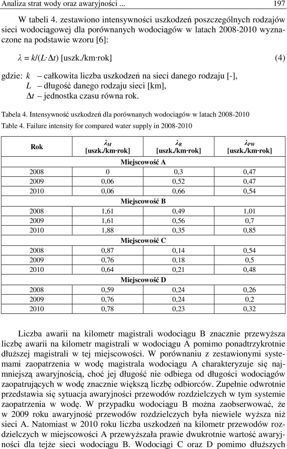 /km rok] (4) gdzie: k całkowita liczba uszkodzeń na sieci danego rodzaju [-], L długość danego rodzaju sieci [km], t jednostka czasu równa rok. Tabela 4.