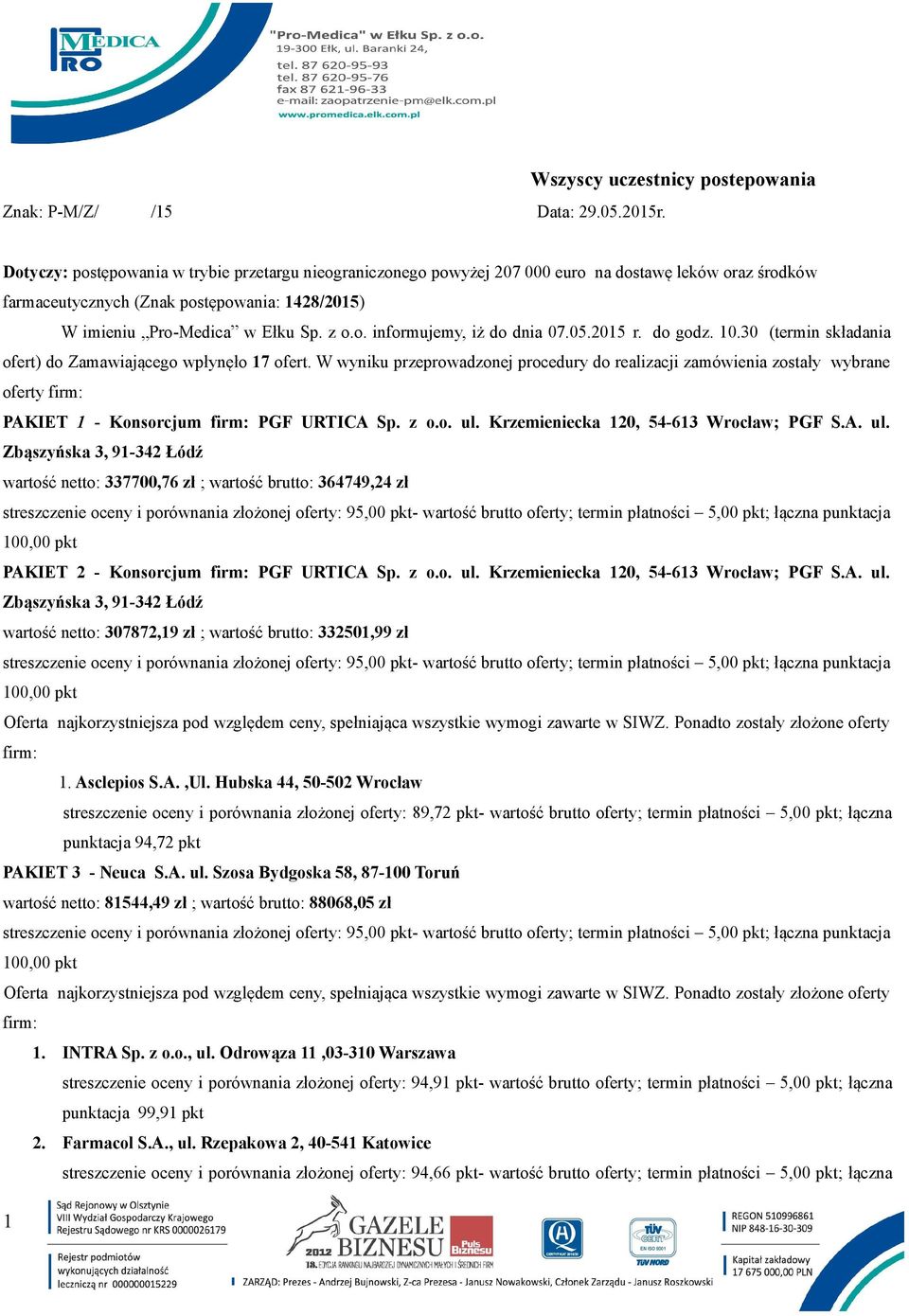 Pro-Medica w Ełku Sp. z o.o. informujemy, iż do dnia 07.05.2015 r. do godz. 10.30 (termin składania ofert) do Zamawiającego wpłynęło 17 ofert.