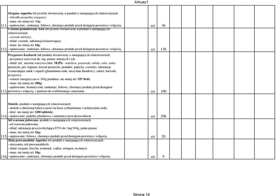 szt 36 Czosnek granulowany Asta lub produkt równoważny o produkt o następujących właściwościach: - czosnek mielony; - skład: czosnek, substancja konserwująca; - masa: nie mniej niż 16g; 112.