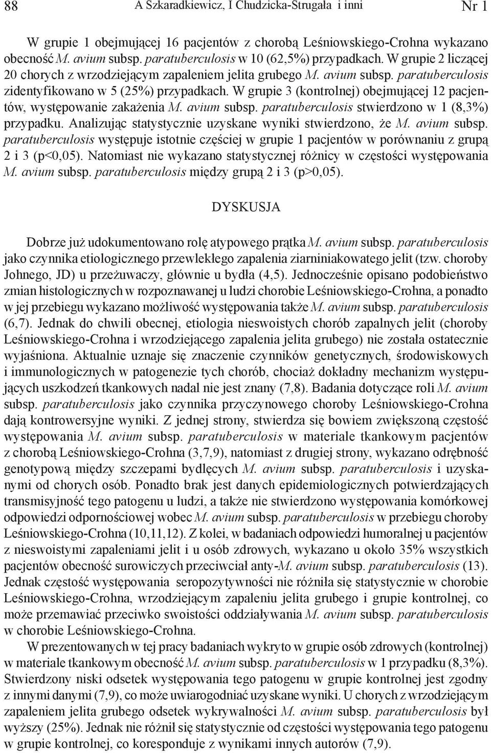 W grupie 3 (kontrolnej) obejmującej 12 pacjentów, występowanie zakażenia M. avium subsp. paratuberculosis stwierdzono w 1 (8,3%) przypadku. Analizując statystycznie uzyskane wyniki stwierdzono, że M.