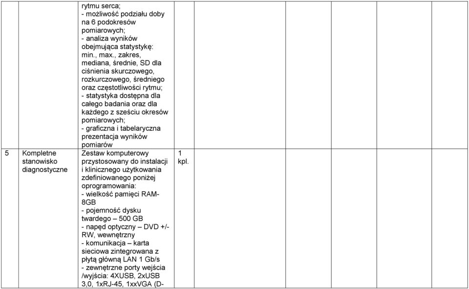 pomiarowych; - graficzna i tabelaryczna prezentacja wyników pomiarów Zestaw komputerowy przystosowany do instalacji i klinicznego użytkowania zdefiniowanego poniżej oprogramowania: - wielkość