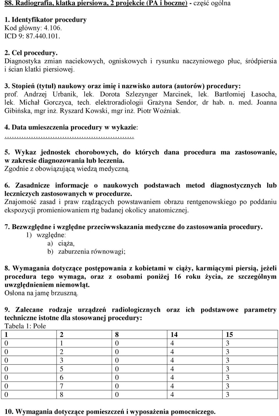 Andrzej Urbanik, lek. Dorota Szlezynger Marcinek, lek. Bartłomiej Łasocha, lek. Michał Gorczyca, tech. elektroradiologii Grażyna Sendor, dr hab. n. med. Joanna Gibińska, mgr inż.