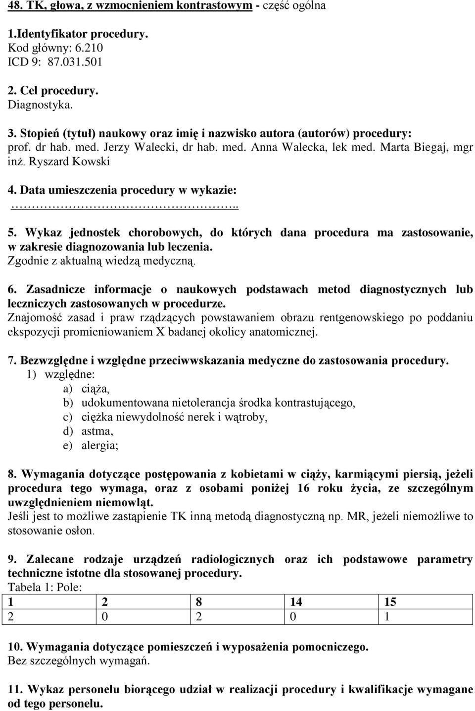 Data umieszczenia procedury w wykazie:.. 5. Wykaz jednostek chorobowych, do których dana procedura ma zastosowanie, w zakresie diagnozowania lub leczenia. Zgodnie z aktualną wiedzą medyczną. 6.