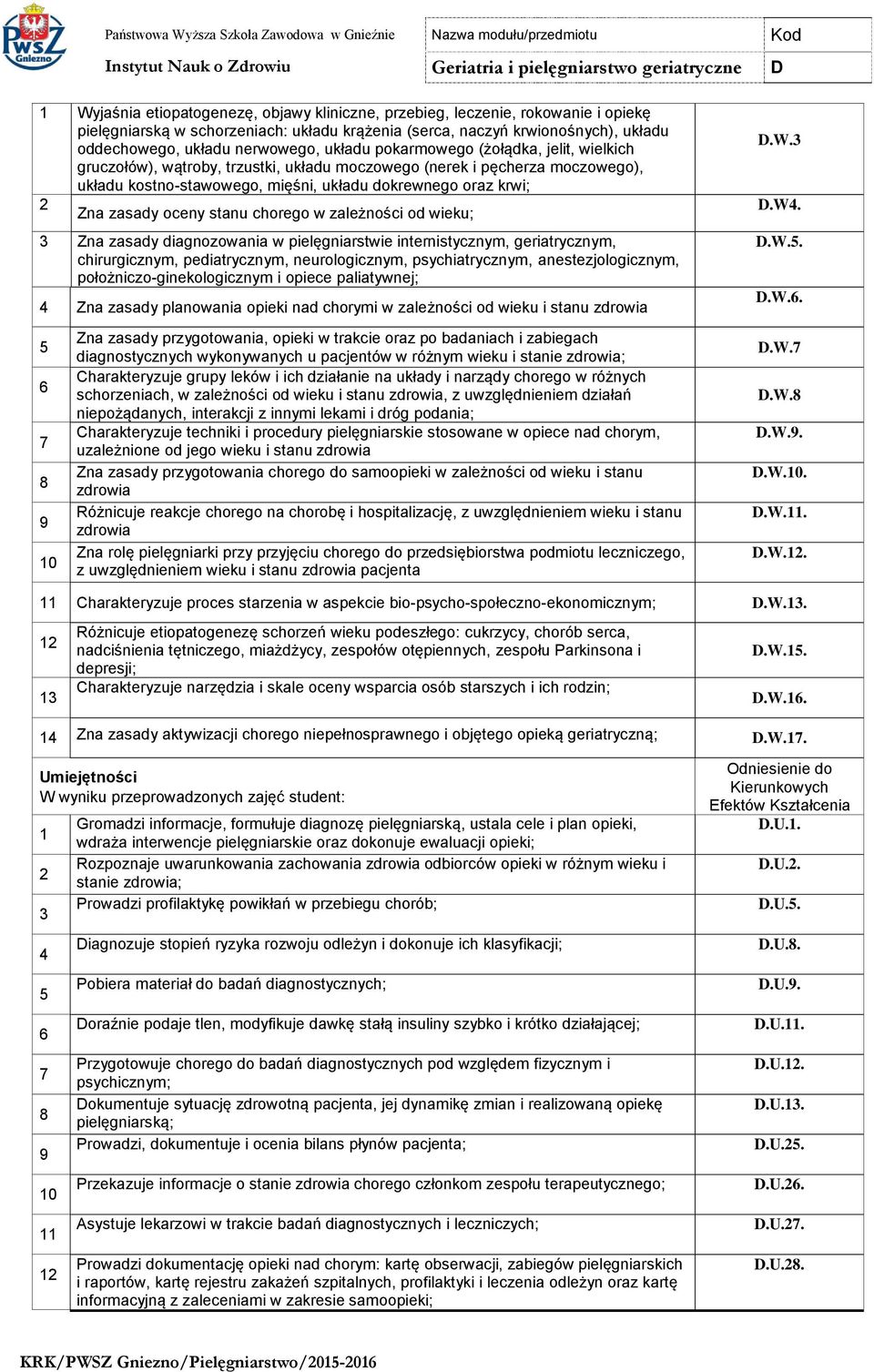 oceny stanu chorego w zależności od wieku; 3 Zna zasady diagnozowania w pielęgniarstwie internistycznym, geriatrycznym, chirurgicznym, pediatrycznym, neurologicznym, psychiatrycznym,