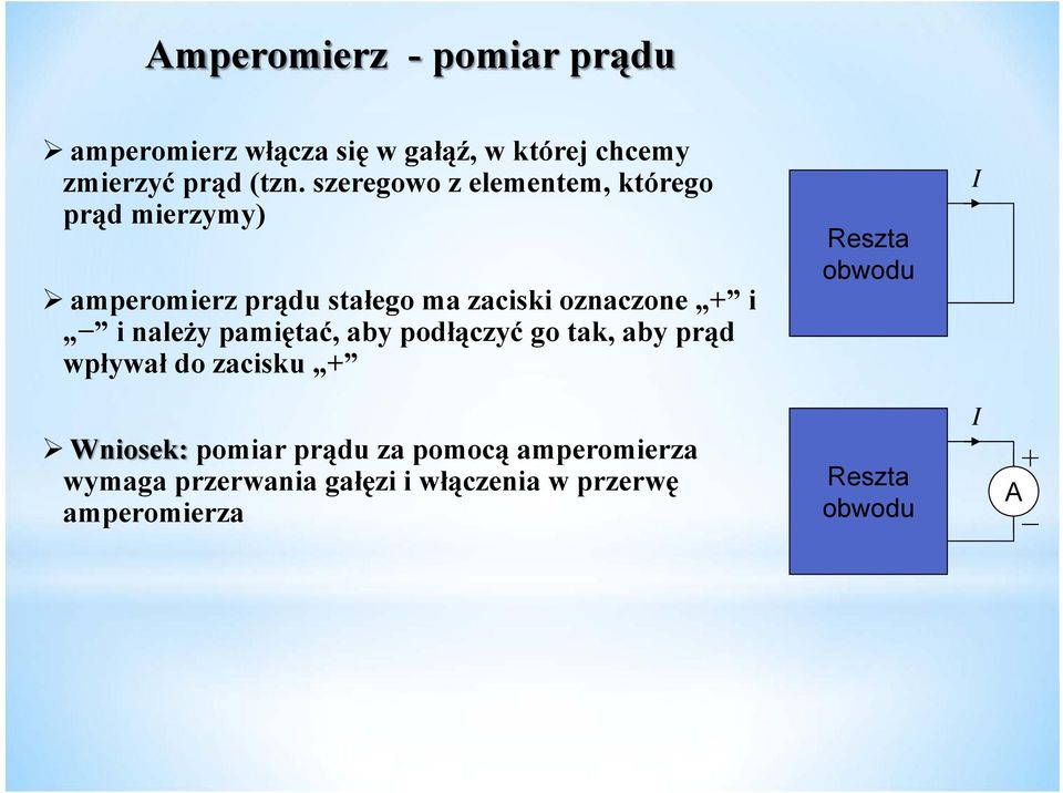 należy pamiętać, aby podłączyć go tak, aby prąd wpływał do zacisku + Reszta obwodu I Wniosek: pomiar