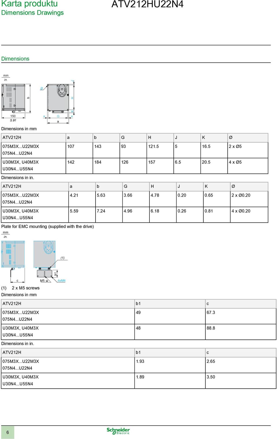 20 0.65 2 x Ø0.20 5.59 7.24 4.96 6.18 0.26 0.81 4 x Ø0.20 Plate for EMC mounting (supplied with the drive) (1) 2 x M5 screws Dimensions in mm ATV212H b1 c 075M3X.