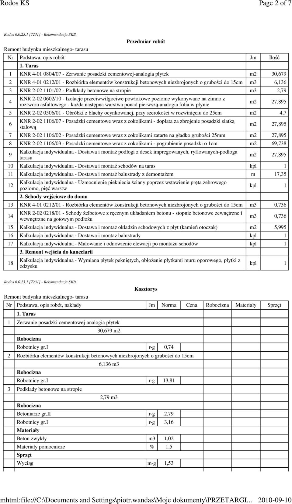 1101/02 - Podkłady betonowe na stropie m3 2,79 4 KNR 2-02 0602/10 - Izolacje przeciwwilgociwe powłokowe poziome wykonywane na zimno z roztworu asfaltowego - kaŝda następna warstwa ponad