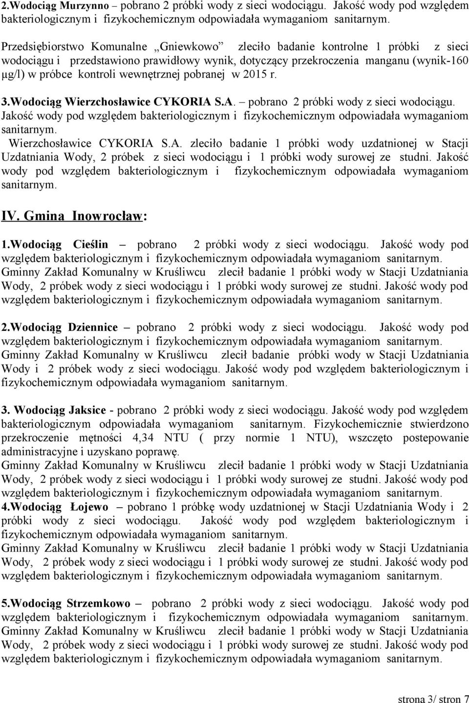 prawidłowy wynik, dotyczący przekroczenia manganu (wynik-160 µg/l) w próbce kontroli wewnętrznej pobranej w 2015 r. 3.Wodociąg Wierzchosławice CYKORIA S.A. pobrano 2 próbki wody z sieci wodociągu.