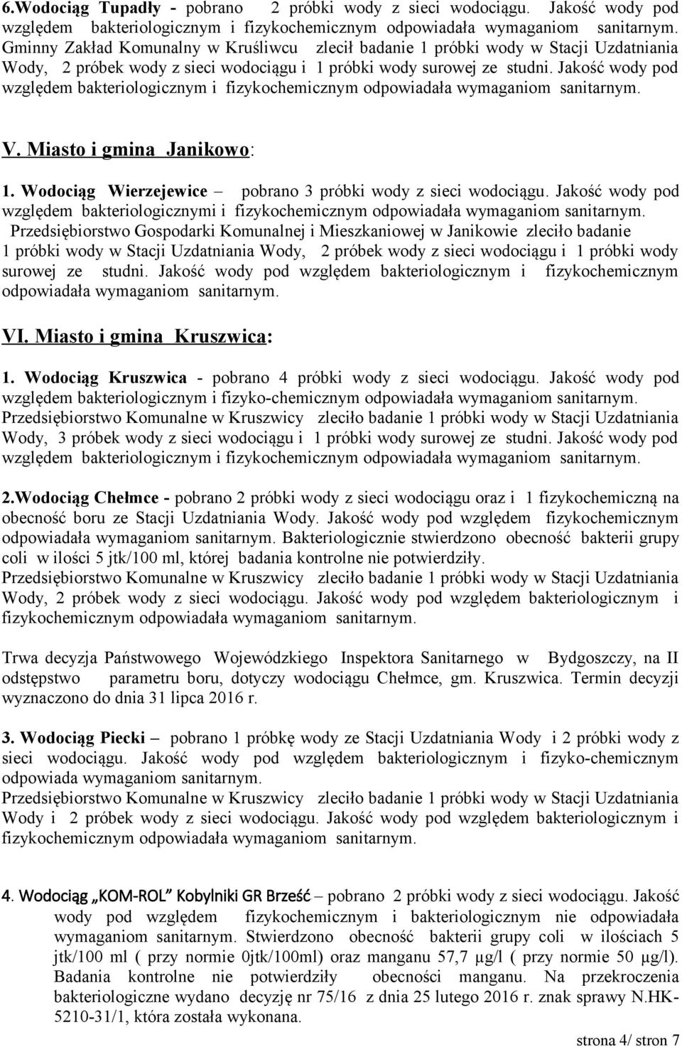 Uzdatniania Wody, 2 próbek wody z sieci wodociągu i 1 próbki wody surowej ze studni. Jakość wody pod względem bakteriologicznym i fizykochemicznym odpowiadała wymaganiom VI.