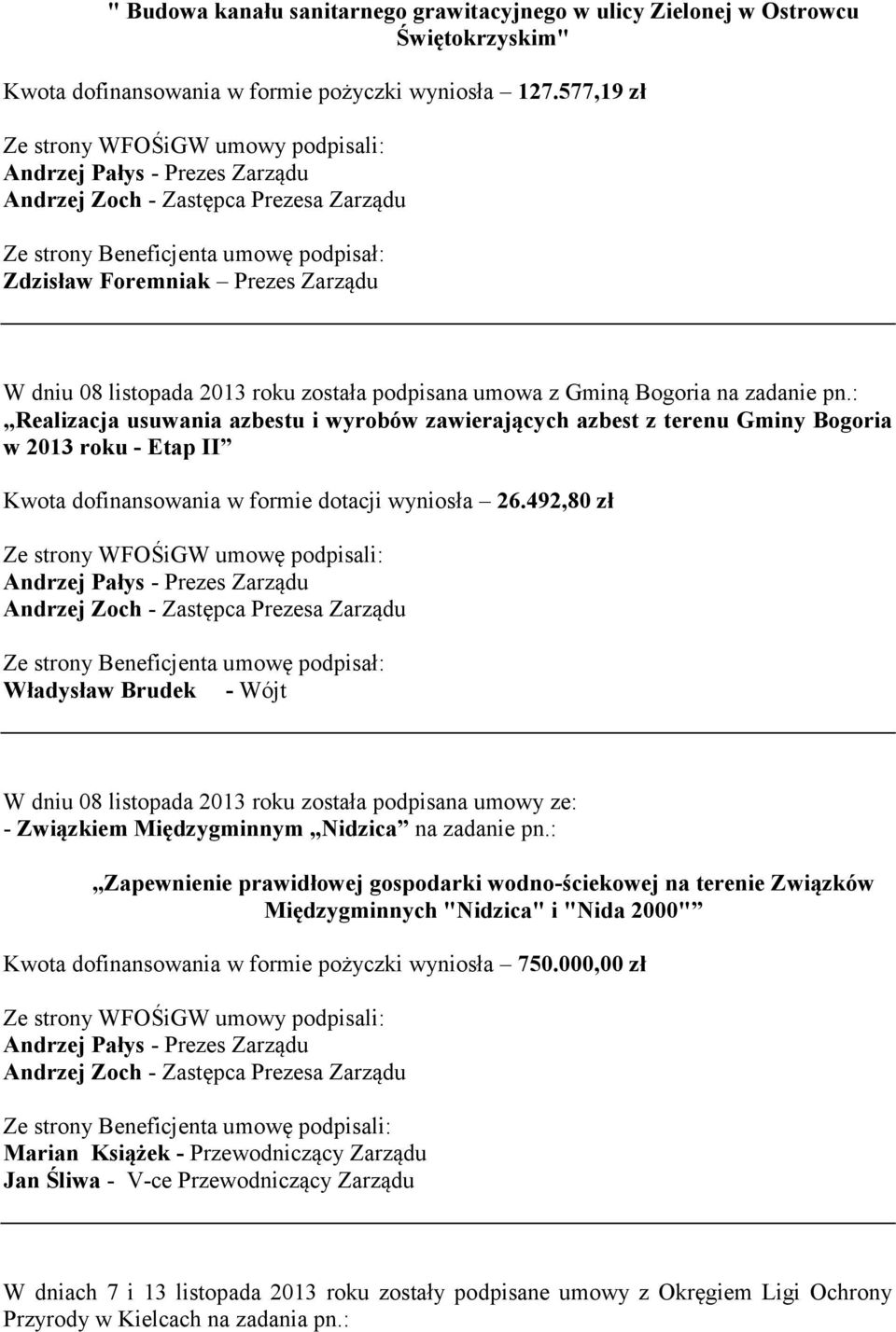 : Realizacja usuwania azbestu i wyrobów zawierających azbest z terenu Gminy Bogoria w 2013 roku - Etap II Kwota dofinansowania w formie dotacji wyniosła 26.