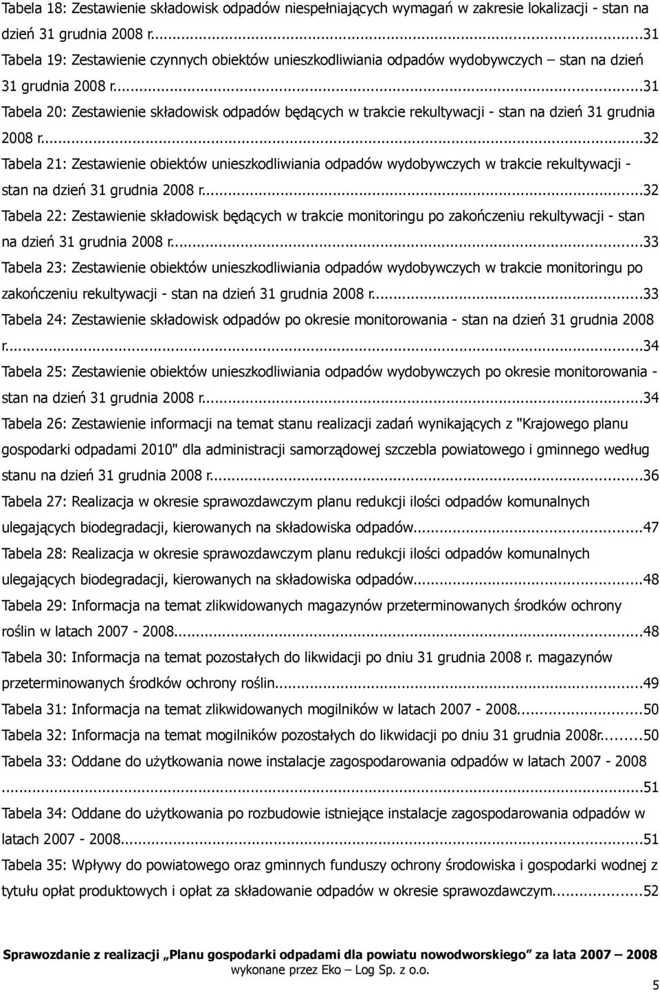 ..31 Tabela 20: Zestawienie składowisk odpadów będących w trakcie rekultywacji - stan na dzień 31 grudnia 2008 r.