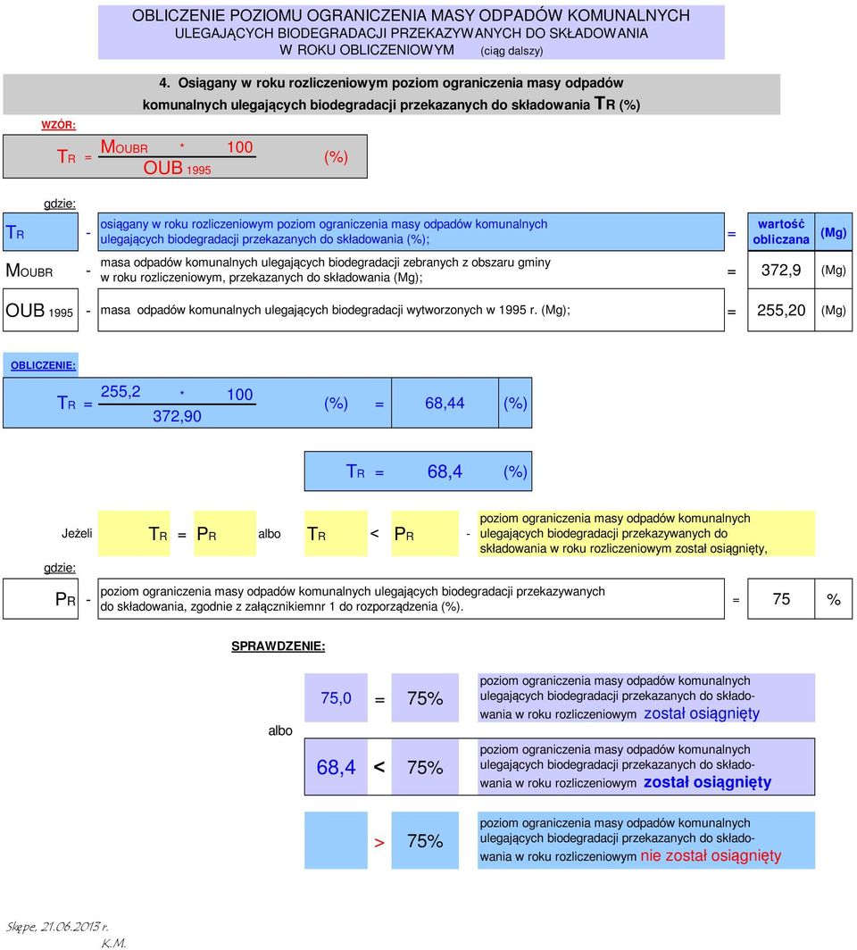 biodegradacji przekazanych do składowania (%); TR - = (Mg) masa ulegających biodegradacji zebranych z obszaru gminy w roku rozliczeniowym, przekazanych do składowania (Mg); wartość obliczana MOUBR -