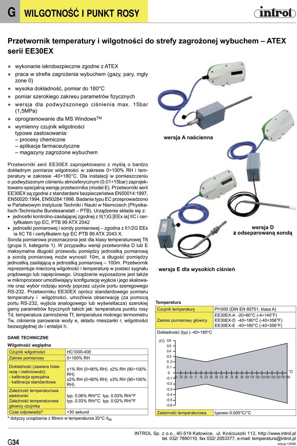 1bar (1,MPa) oprogramowanie dla MS Windows TM wymienny czujnik wilgotności typowe zastosowania: procesy chemiczne aplikacje farmaceutyczne magazyny zagrożone wybuchem Przetworniki serii EE0EX