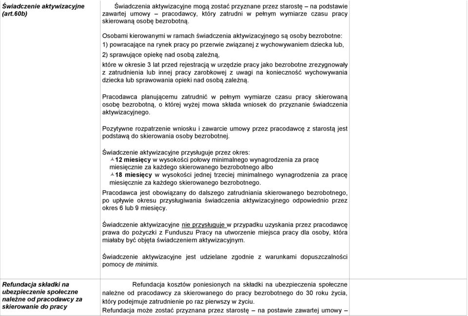 Osobami kierowanymi w ramach świadczenia aktywizacyjnego są osoby bezrobotne: 1) powracające na rynek pracy po przerwie związanej z wychowywaniem dziecka lub, 2) sprawujące opiekę nad osobą zależną,