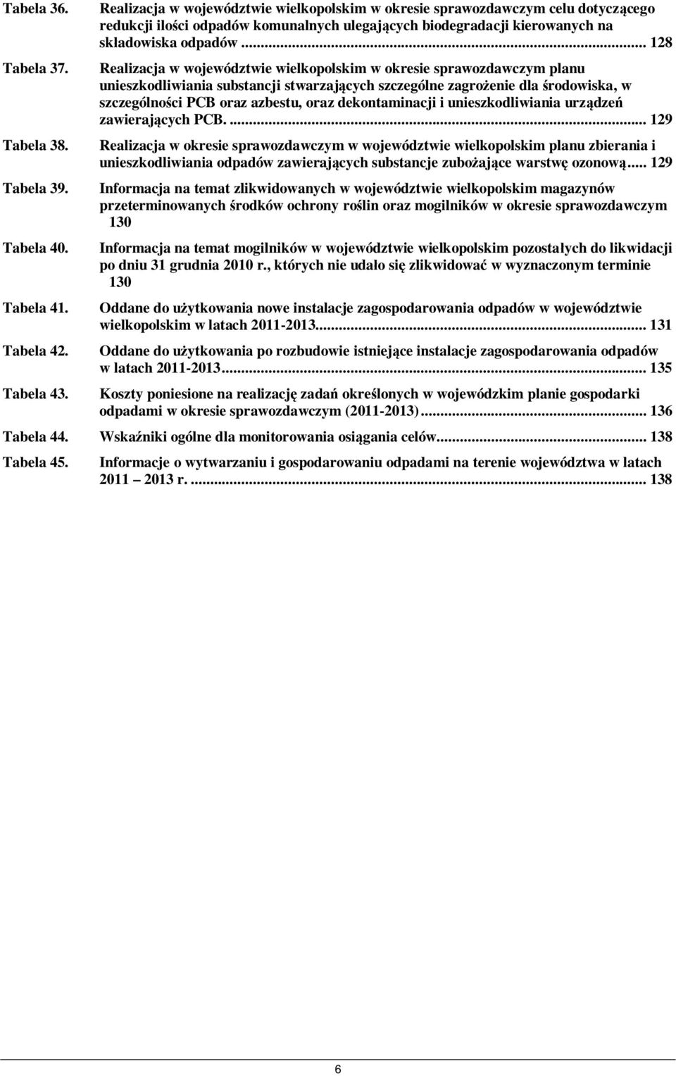 .. 128 Realizacja w województwie wielkopolskim w okresie sprawozdawczym planu unieszkodliwiania substancji stwarzających szczególne zagrożenie dla środowiska, w szczególności PCB oraz azbestu, oraz