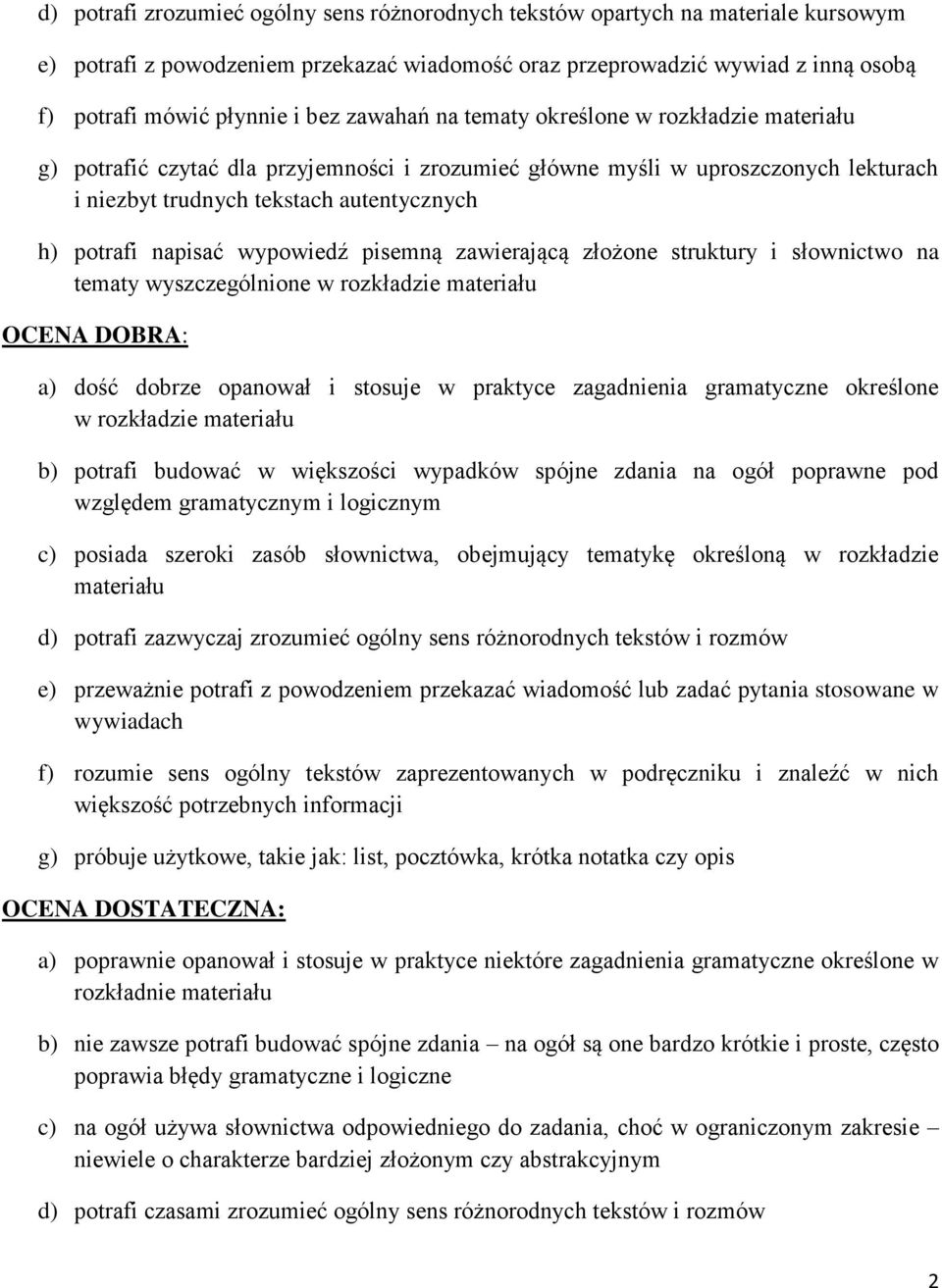 wypowiedź pisemną zawierającą złożone struktury i słownictwo na tematy wyszczególnione w rozkładzie materiału OCENA DOBRA: a) dość dobrze opanował i stosuje w praktyce zagadnienia gramatyczne