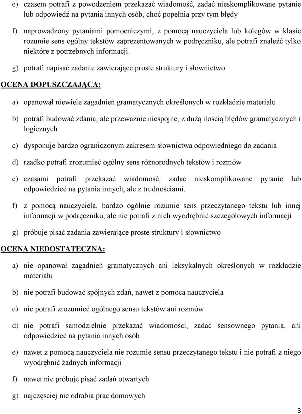 g) potrafi napisać zadanie zawierające proste struktury i słownictwo OCENA DOPUSZCZAJĄCA: a) opanował niewiele zagadnień gramatycznych określonych w rozkładzie materiału b) potrafi budować zdania,