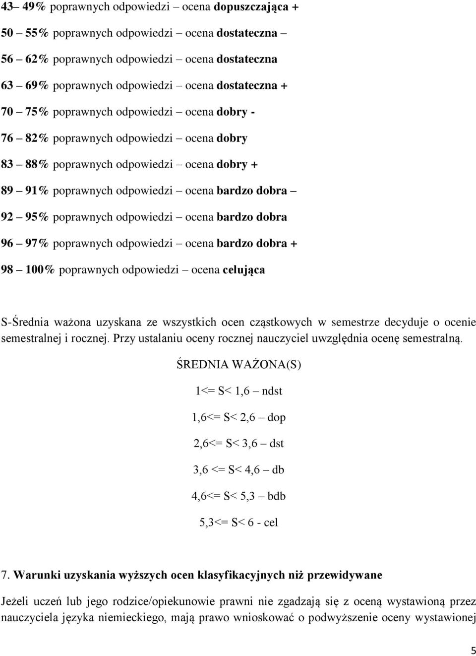 odpowiedzi ocena bardzo dobra 96 97% poprawnych odpowiedzi ocena bardzo dobra + 98 100% poprawnych odpowiedzi ocena celująca S-Średnia ważona uzyskana ze wszystkich ocen cząstkowych w semestrze