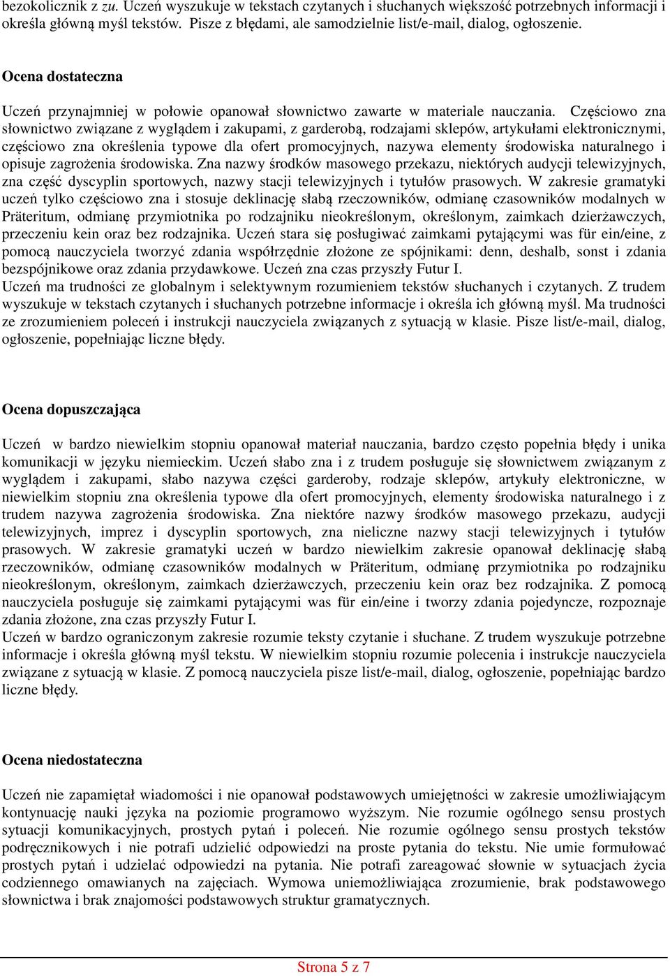 Częściowo zna słownictwo związane z wyglądem i zakupami, z garderobą, rodzajami sklepów, artykułami elektronicznymi, częściowo zna określenia typowe dla ofert promocyjnych, nazywa elementy środowiska