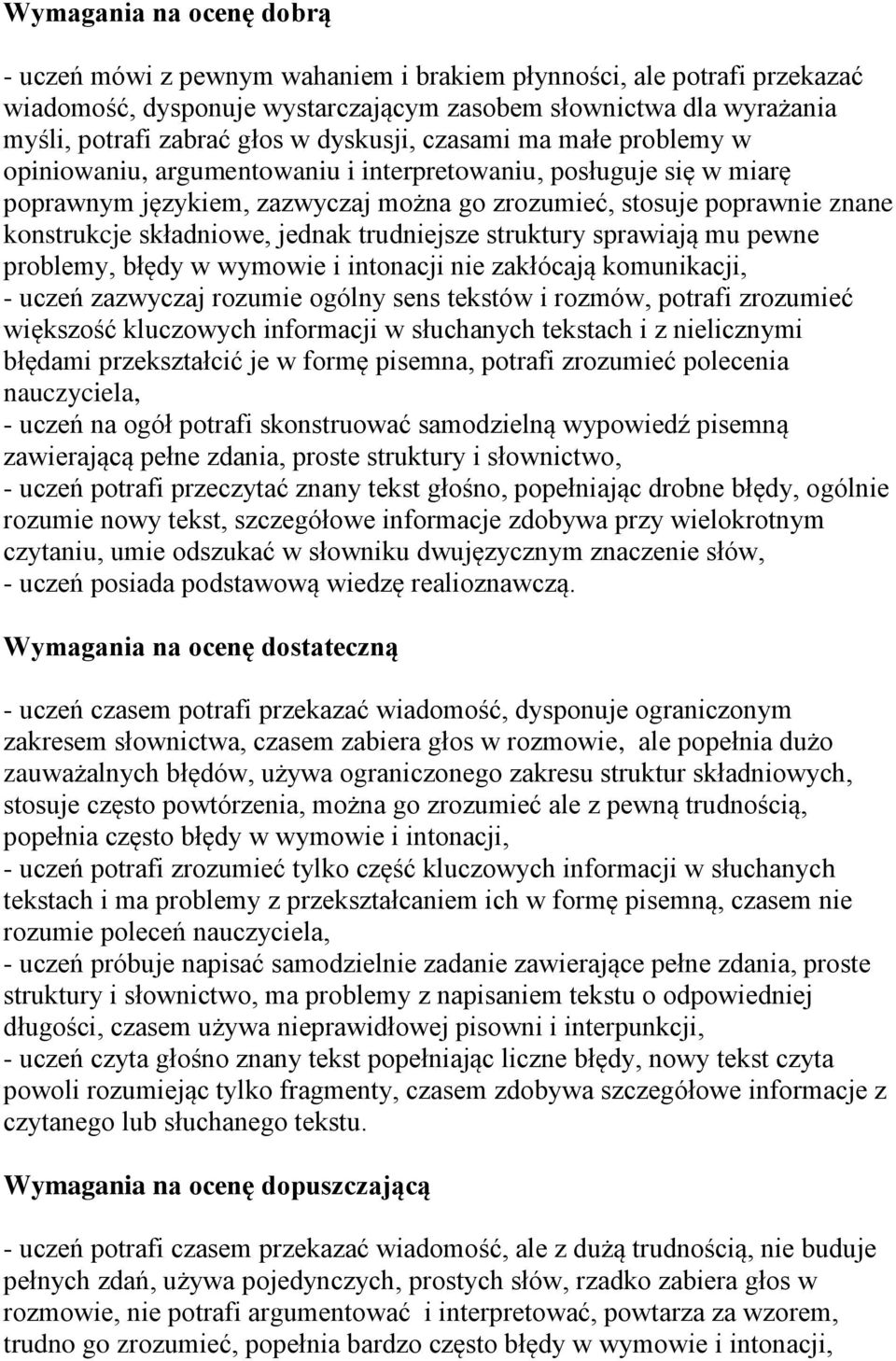 składniowe, jednak trudniejsze struktury sprawiają mu pewne problemy, błędy w wymowie i intonacji nie zakłócają komunikacji, - uczeń zazwyczaj rozumie ogólny sens tekstów i rozmów, potrafi zrozumieć