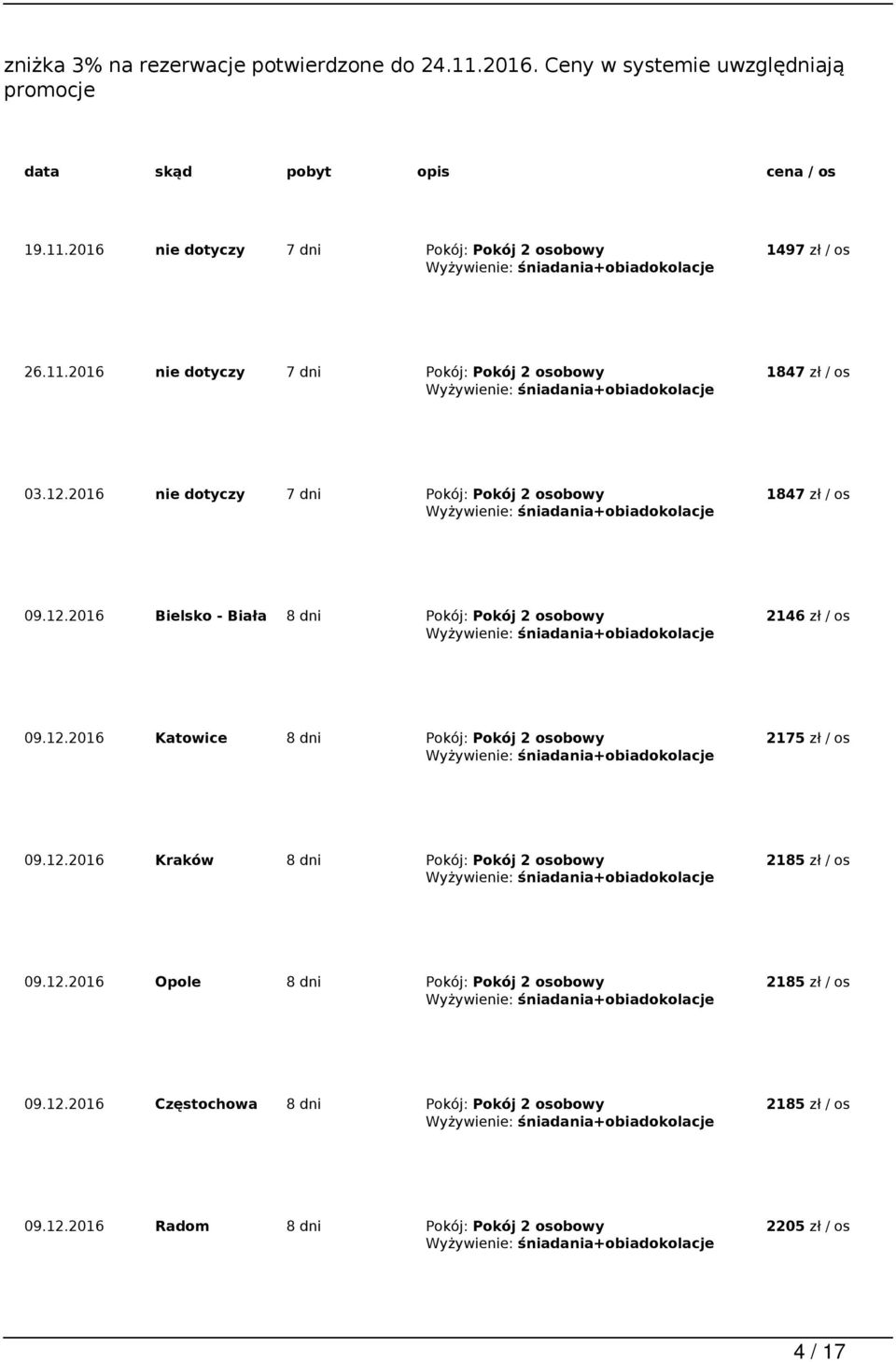 12.2016 Katowice 8 dni Pokój: Pokój 2 osobowy 2175 zł / os 09.12.2016 Kraków 8 dni Pokój: Pokój 2 osobowy 2185 zł / os 09.12.2016 Opole 8 dni Pokój: Pokój 2 osobowy 2185 zł / os 09.