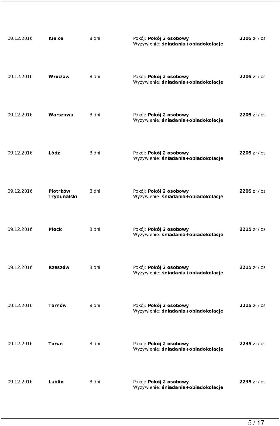 12.2016 Rzeszów 8 dni Pokój: Pokój 2 osobowy 2215 zł / os 09.12.2016 Tarnów 8 dni Pokój: Pokój 2 osobowy 2215 zł / os 09.12.2016 Toruń 8 dni Pokój: Pokój 2 osobowy 2235 zł / os 09.
