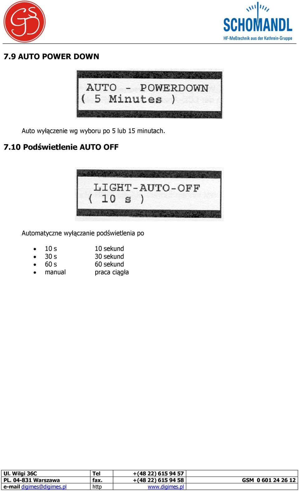 10 Podświetlenie AUTO OFF Automatyczne wyłączanie