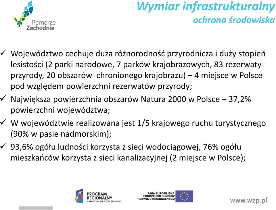 Największa powierzchnia obszarów Natura 2000 w Polsce 37,2% powierzchni województwa; W województwie realizowana jest 1/5 krajowego ruchu