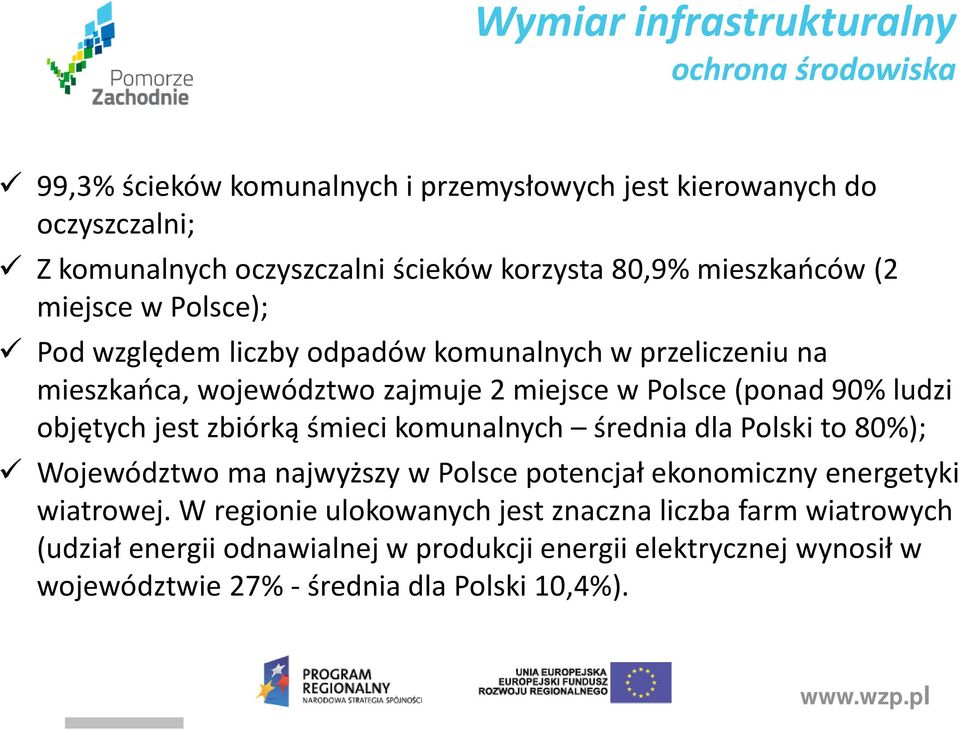 (ponad 90% ludzi objętych jest zbiórką śmieci komunalnych średnia dla Polski to 80%); Województwo ma najwyższy w Polsce potencjał ekonomiczny energetyki wiatrowej.