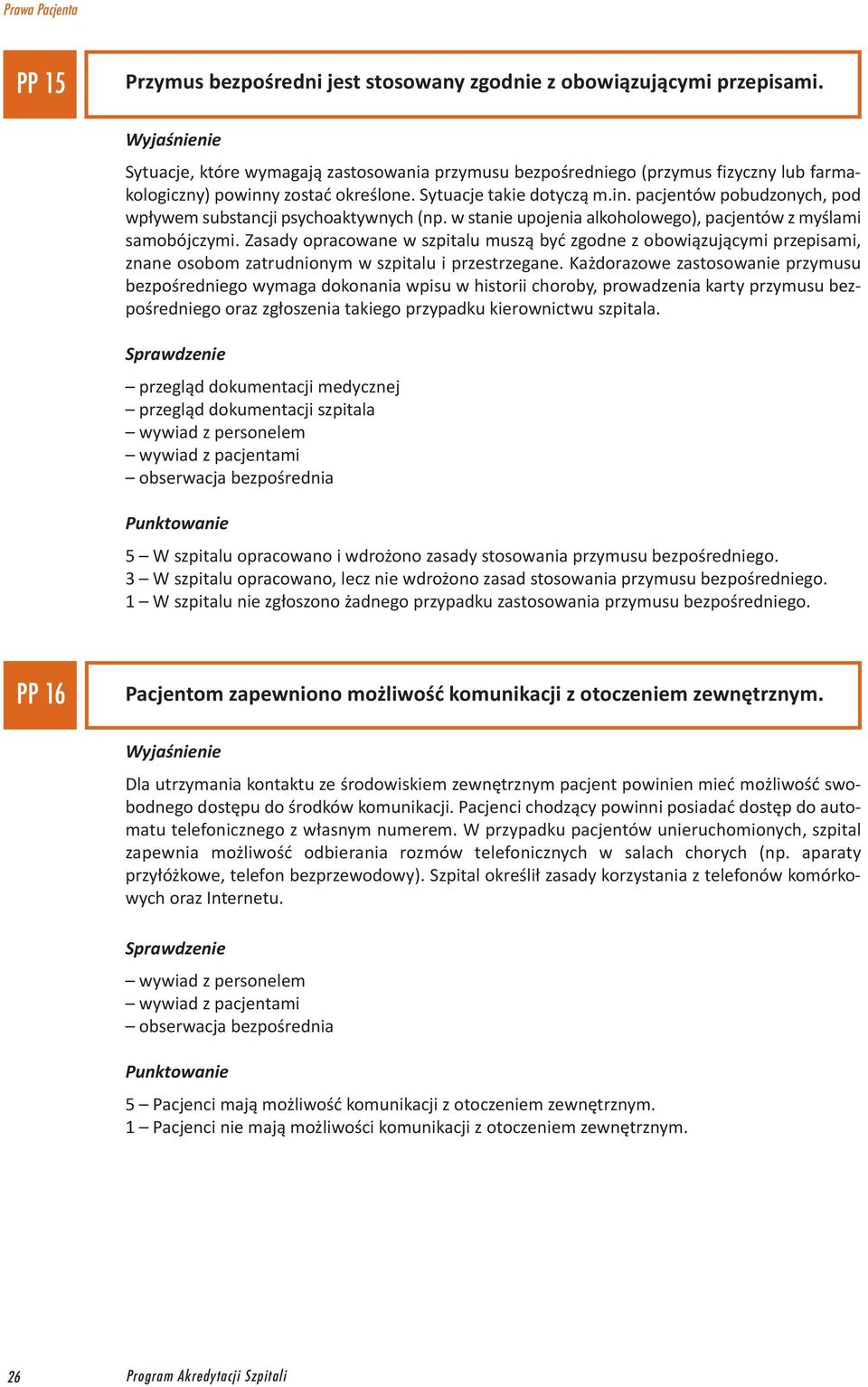 w stanie upojenia alkoholowego), pacjentów z myślami samobójczymi. Zasady opracowane w szpitalu muszą być zgodne z obowiązującymi przepisami, znane osobom zatrudnionym w szpitalu i przestrzegane.