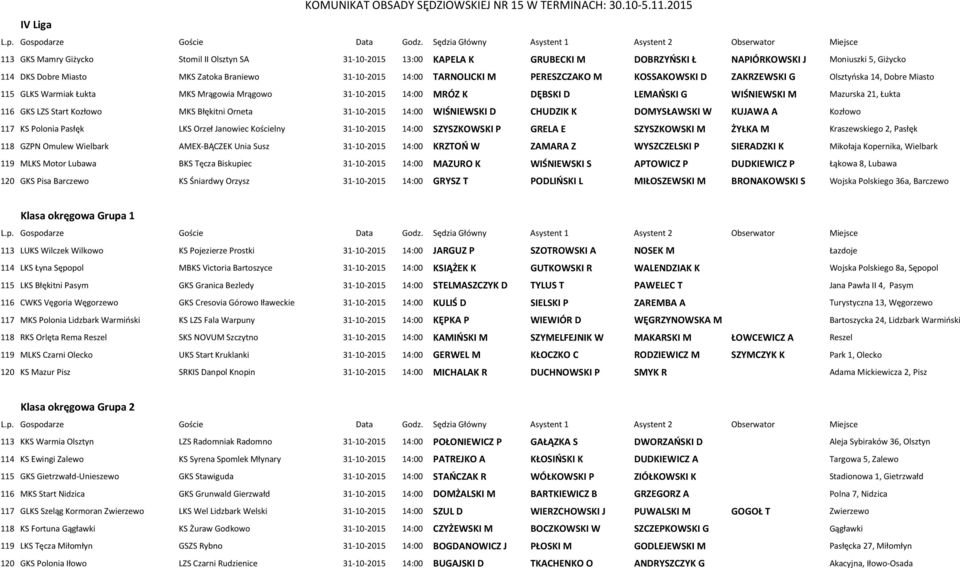 Łukta 116 GKS LZS Start Kozłowo MKS Błękitni Orneta 31-10-2015 14:00 WIŚNIEWSKI D CHUDZIK K DOMYSŁAWSKI W KUJAWA A Kozłowo 117 KS Polonia Pasłęk LKS Orzeł Janowiec Kościelny 31-10-2015 14:00