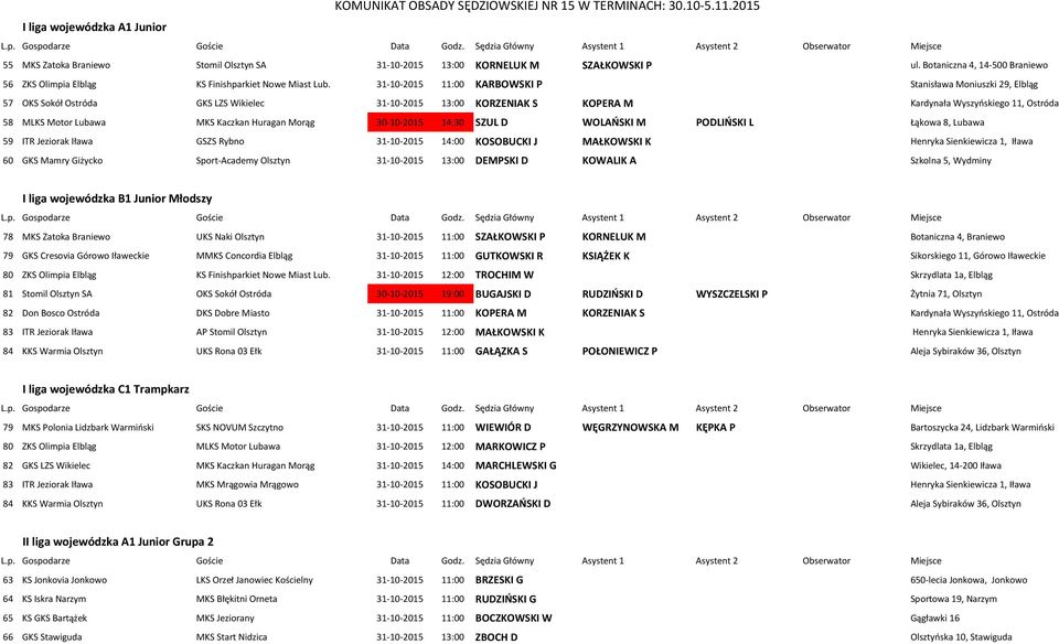 Kaczkan Huragan Morąg 30-10-2015 14:30 SZUL D WOLAŃSKI M PODLIŃSKI L Łąkowa 8, Lubawa 59 ITR Jeziorak Iława GSZS Rybno 31-10-2015 14:00 KOSOBUCKI J MAŁKOWSKI K Henryka Sienkiewicza 1, Iława 60 GKS