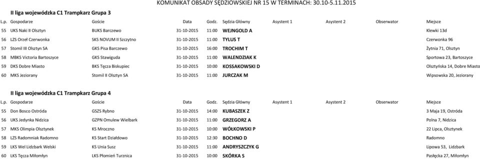 Miasto BKS Tęcza Biskupiec 31-10-2015 10:00 KOSSAKOWSKI D Olsztyńska 14, Dobre Miasto 60 MKS Jeziorany Stomil II Olsztyn SA 31-10-2015 11:00 JURCZAK M Wipsowska 20, Jeziorany II liga wojewódzka C1