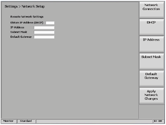 Rysunek 3.2.9.3-1. Submenu po naciśnięciu klawisza programowanego ustawień sieciowych w menu Ustawień Złącze sieciowe Włącza lub wyłącza złącze sieciowe do zdalnej obsługi urządzenia R 8000.