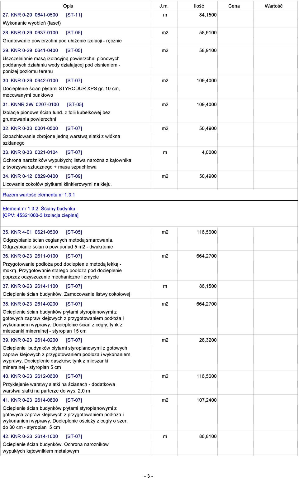 KNR 0-29 0642-0100 [ST-07] Docieplenie ścian płytai STYRODUR XPS gr. 10 c, ocowanyi punktowo 31. KNNR 3W 0207-0100 [ST-05] Izolacje pionowe ścian fund.