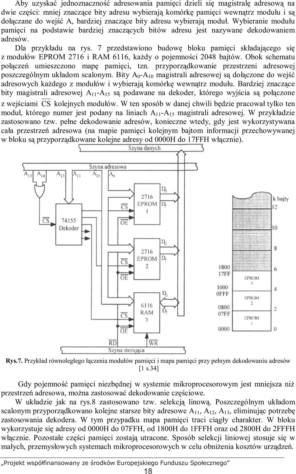 7 przedstawiono budowę bloku pamięci składającego się z modułów EPROM 2716 i RAM 6116, kaŝdy o pojemności 2048 bajtów. Obok schematu połączeń umieszczono mapę pamięci, tzn.