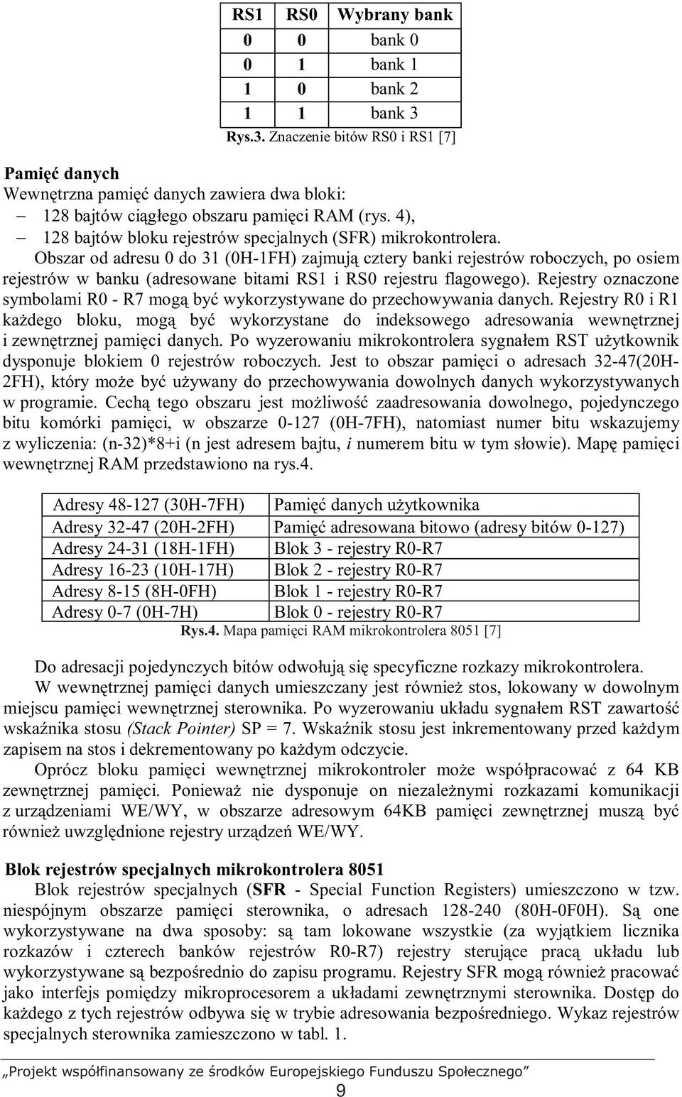 Obszar od adresu 0 do 31 (0H-1FH) zajmują cztery banki rejestrów roboczych, po osiem rejestrów w banku (adresowane bitami RS1 i RS0 rejestru flagowego).